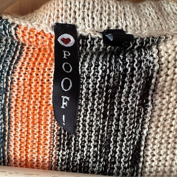 Poof Striped Knit Fringe Cardigan Sweater with Hoodie Cream Black Orange - Large - Picture 7 of 11